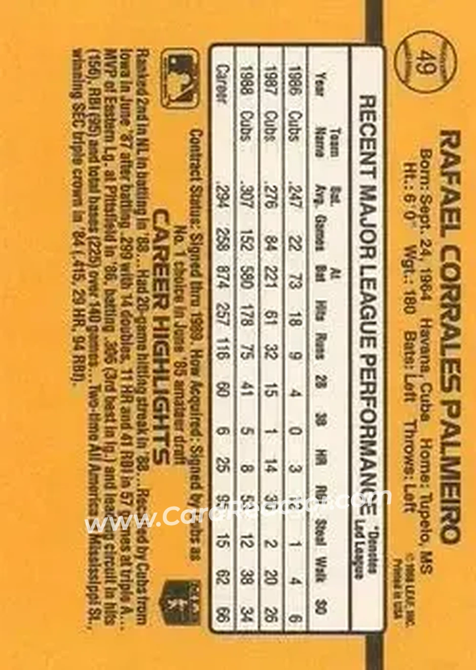 1989 Donruss #49 - Rafael Palmeiro - Chicago Cubs - Back 1989 Donruss #49 - Rafael Palmeiro - Chicago Cubs - Back