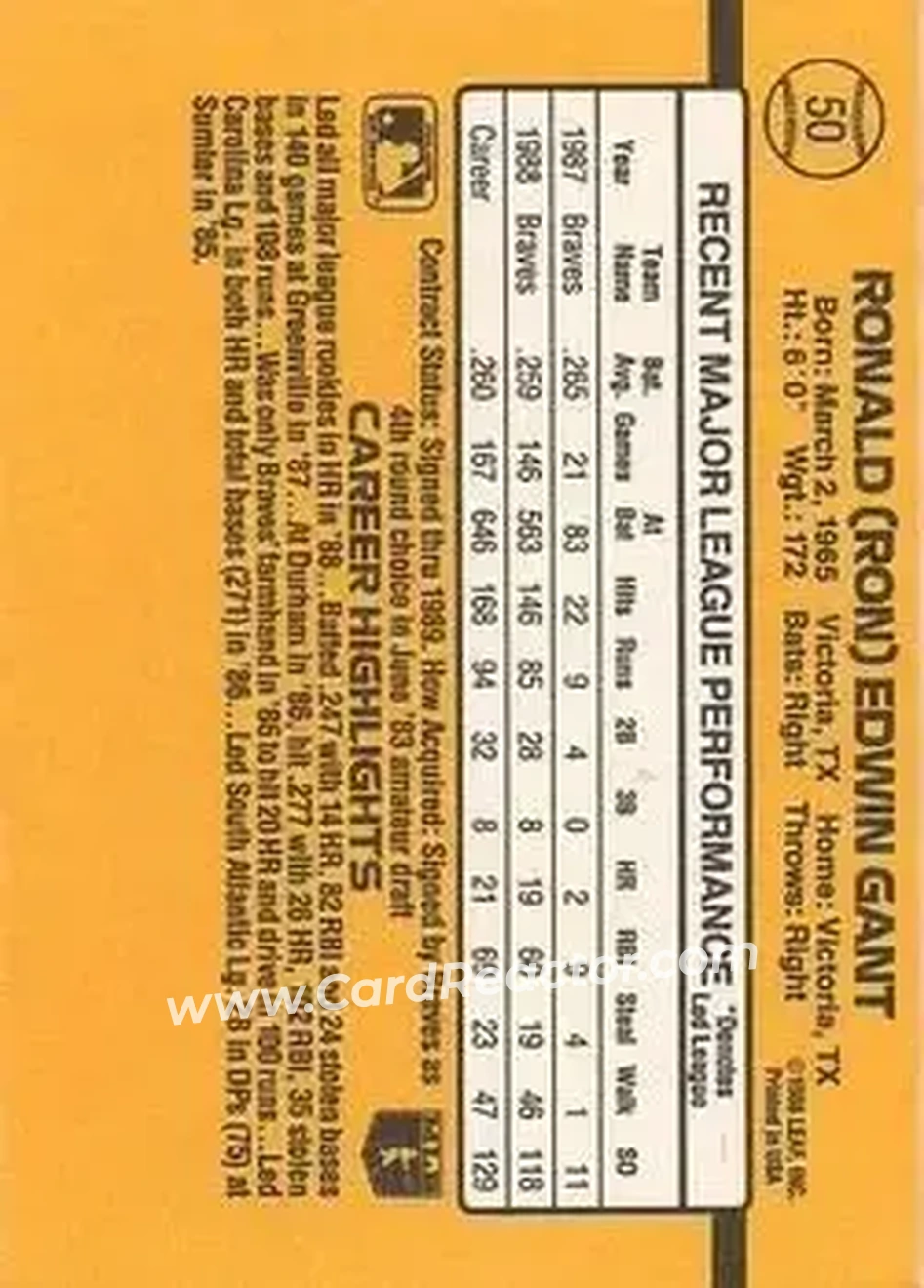 1989 Donruss #50 - Ron Gant - Atlanta Braves - Back 1989 Donruss #50 - Ron Gant - Atlanta Braves - Back