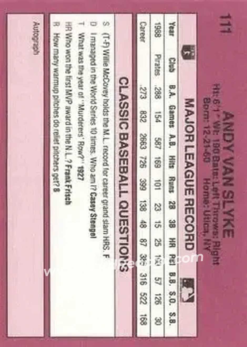 1989 Classic #111 - Andy Van Slyke - Pittsburgh Pirates - Back 1989 Classic #111 - Andy Van Slyke - Pittsburgh Pirates - Back