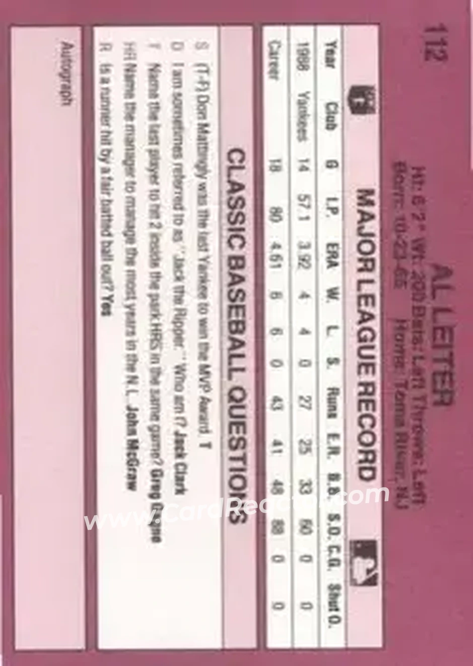1989 Classic #112 - Al Leiter - New York Yankees - Back 1989 Classic #112 - Al Leiter - New York Yankees - Back