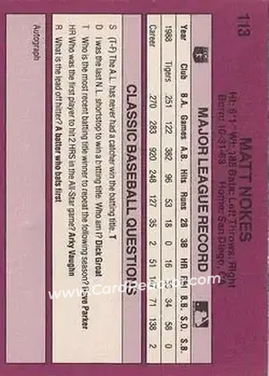 1989 Classic #113 - Matt Nokes - Detroit Tigers - Back 1989 Classic #113 - Matt Nokes - Detroit Tigers - Back