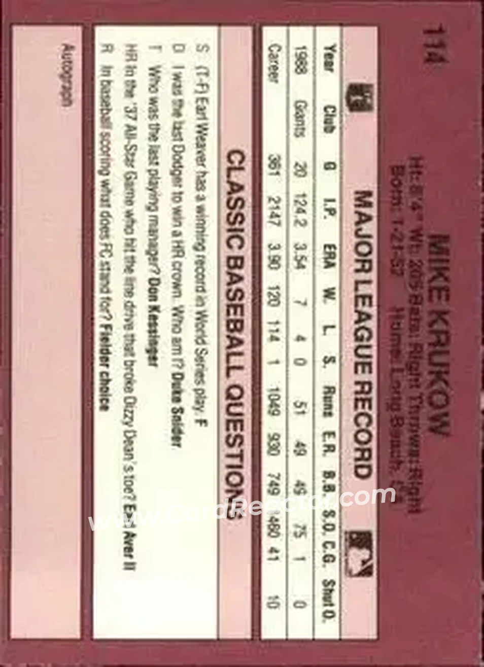 1989 Classic #114 - Mike Krukow - San Francisco Giants - Back