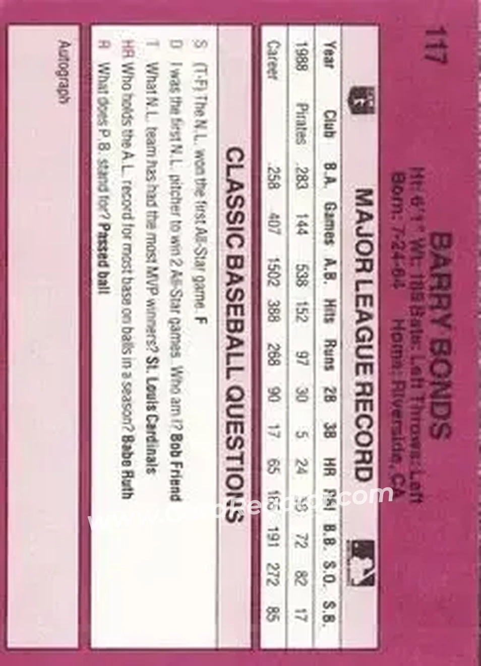 1989 Classic #117 - Barry Bonds - Pittsburgh Pirates - Back