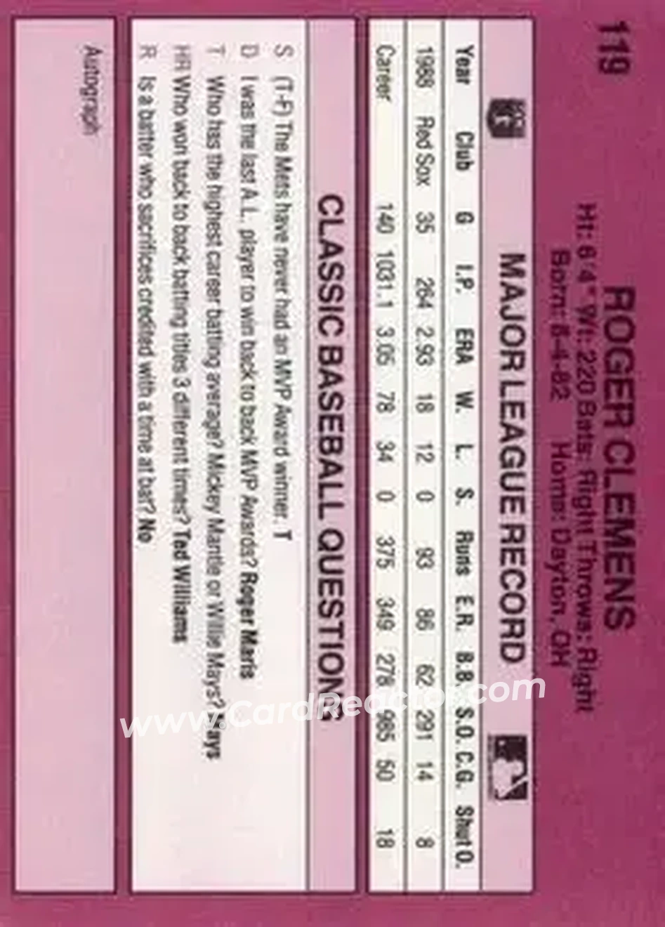 1989 Classic #119 - Roger Clemens - Boston Red Sox - Back 1989 Classic #119 - Roger Clemens - Boston Red Sox - Back