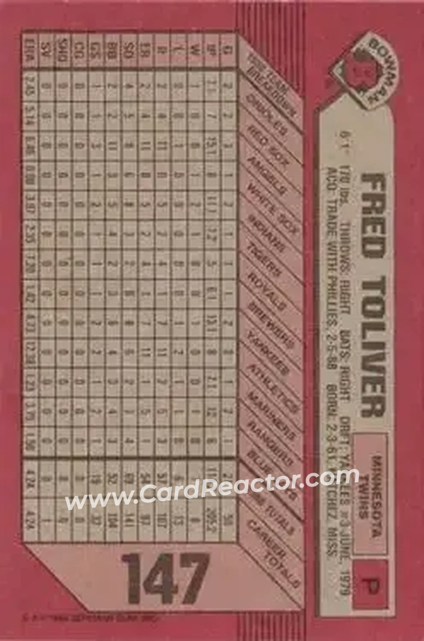 1989 Bowman #147 - Fred Toliver - Minnesota Twins - Back 1989 Bowman #147 - Fred Toliver - Minnesota Twins - Back