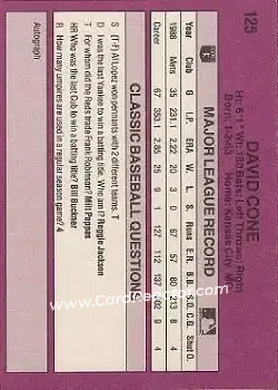 1989 Classic #125 - David Cone - New York Mets - Back