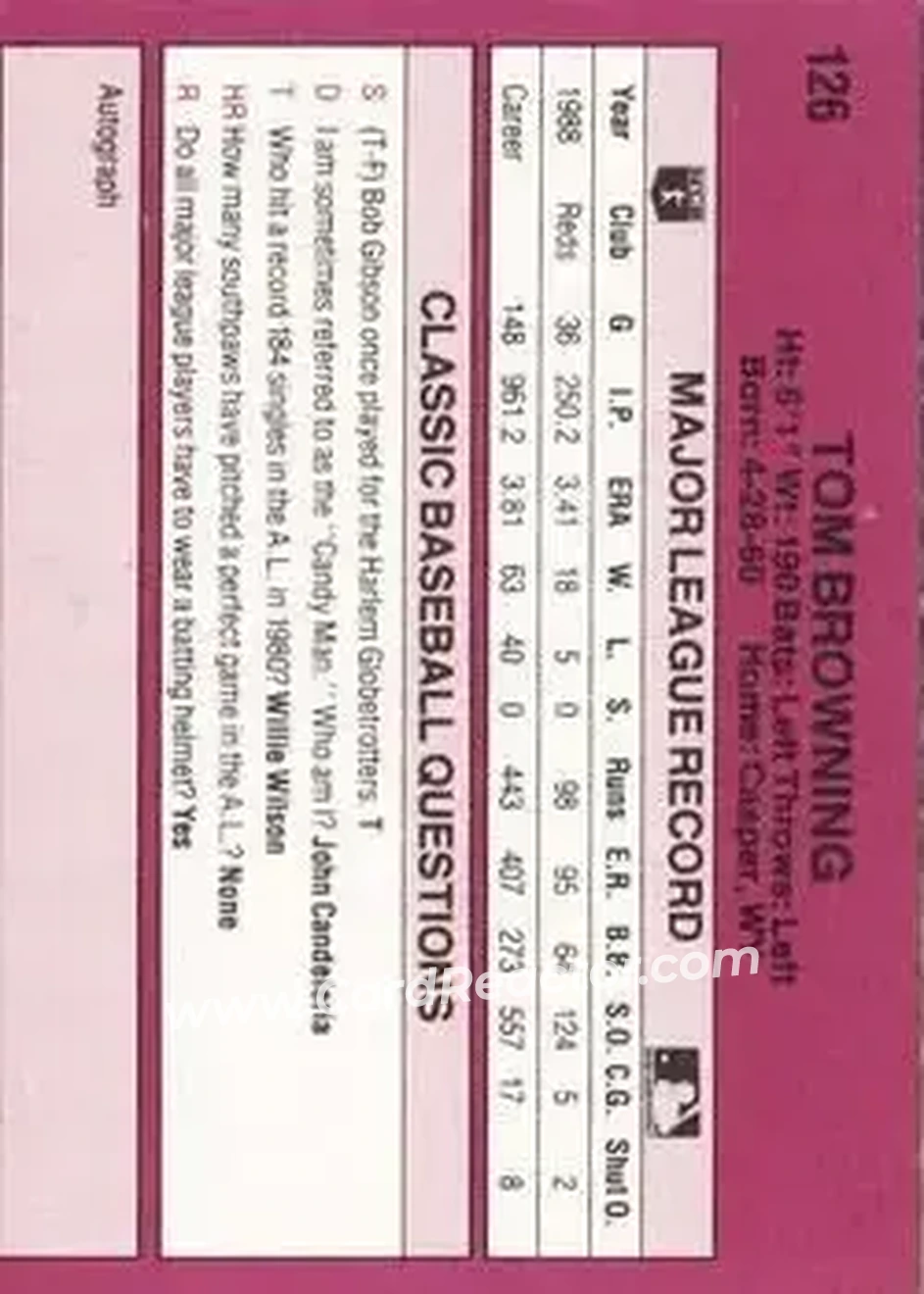 1989 Classic #126 - Tom Browning - Cincinnati Reds - Back 1989 Classic #126 - Tom Browning - Cincinnati Reds - Back