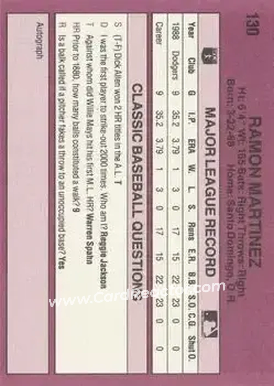 1989 Classic #130 - Ramon Martinez - Los Angeles Dodgers - Back