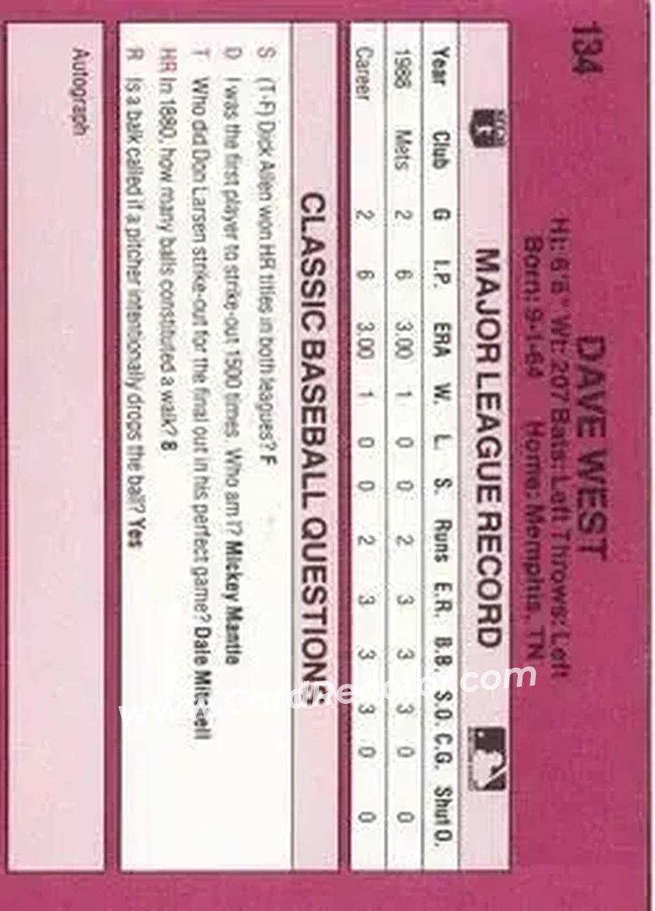 1989 Classic #134 - David West - New York Mets - Back 1989 Classic #134 - David West - New York Mets - Back