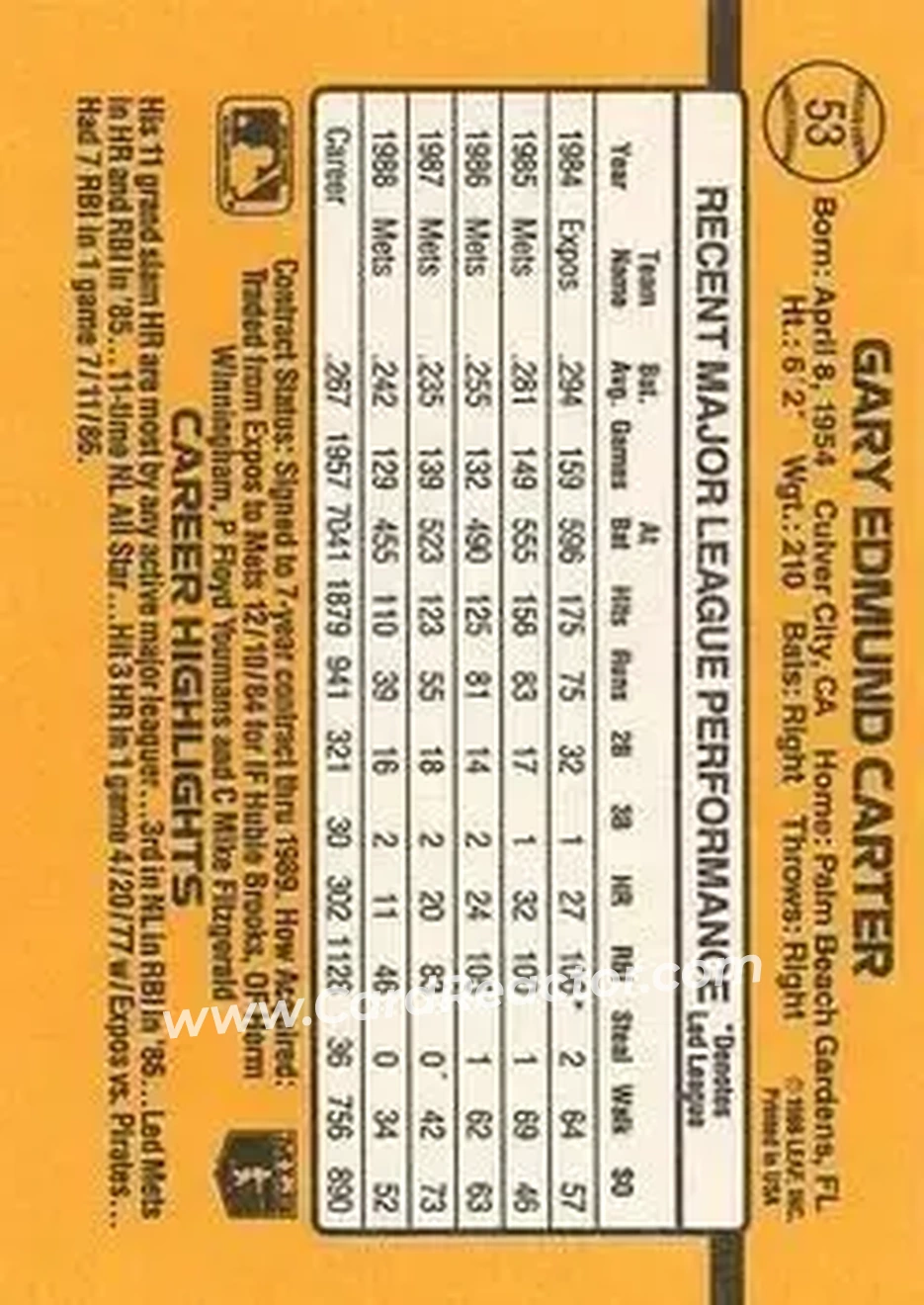 1989 Donruss #53 - Gary Carter - New York Mets - Back