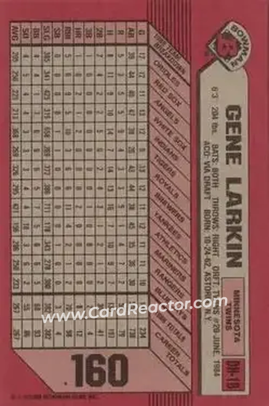 1989 Bowman #160 - Gene Larkin - Minnesota Twins - Back 1989 Bowman #160 - Gene Larkin - Minnesota Twins - Back