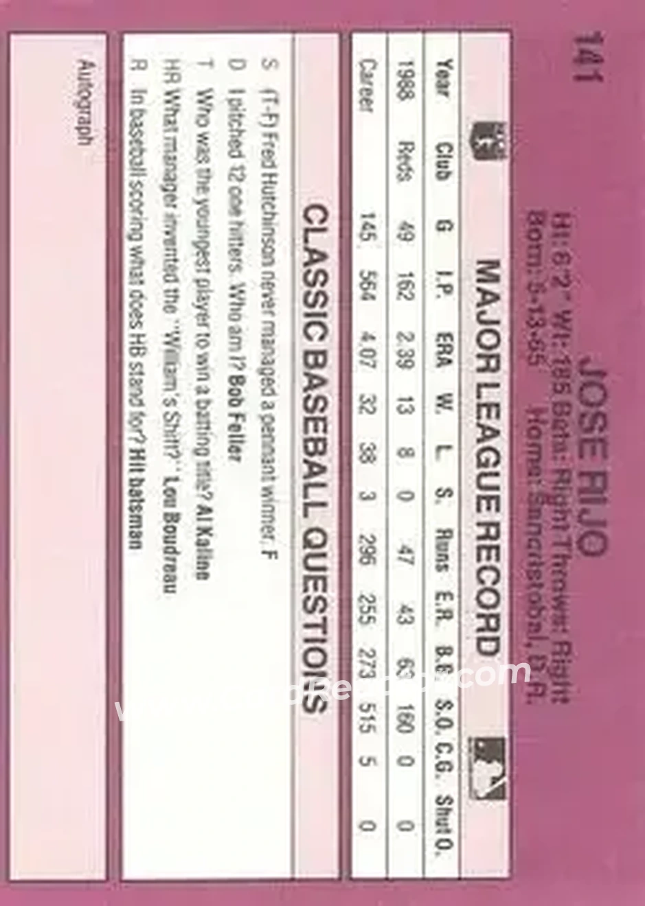 1989 Classic #141 - Jose Rijo - Cincinnati Reds - Back 1989 Classic #141 - Jose Rijo - Cincinnati Reds - Back