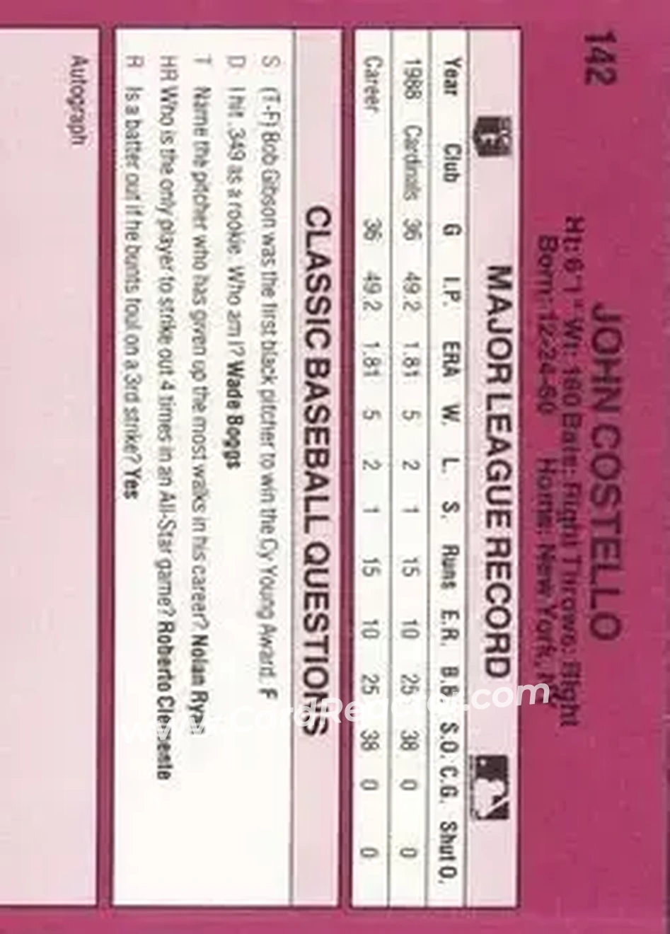 1989 Classic #142 - John Costello - St. Louis Cardinals - Back 1989 Classic #142 - John Costello - St. Louis Cardinals - Back
