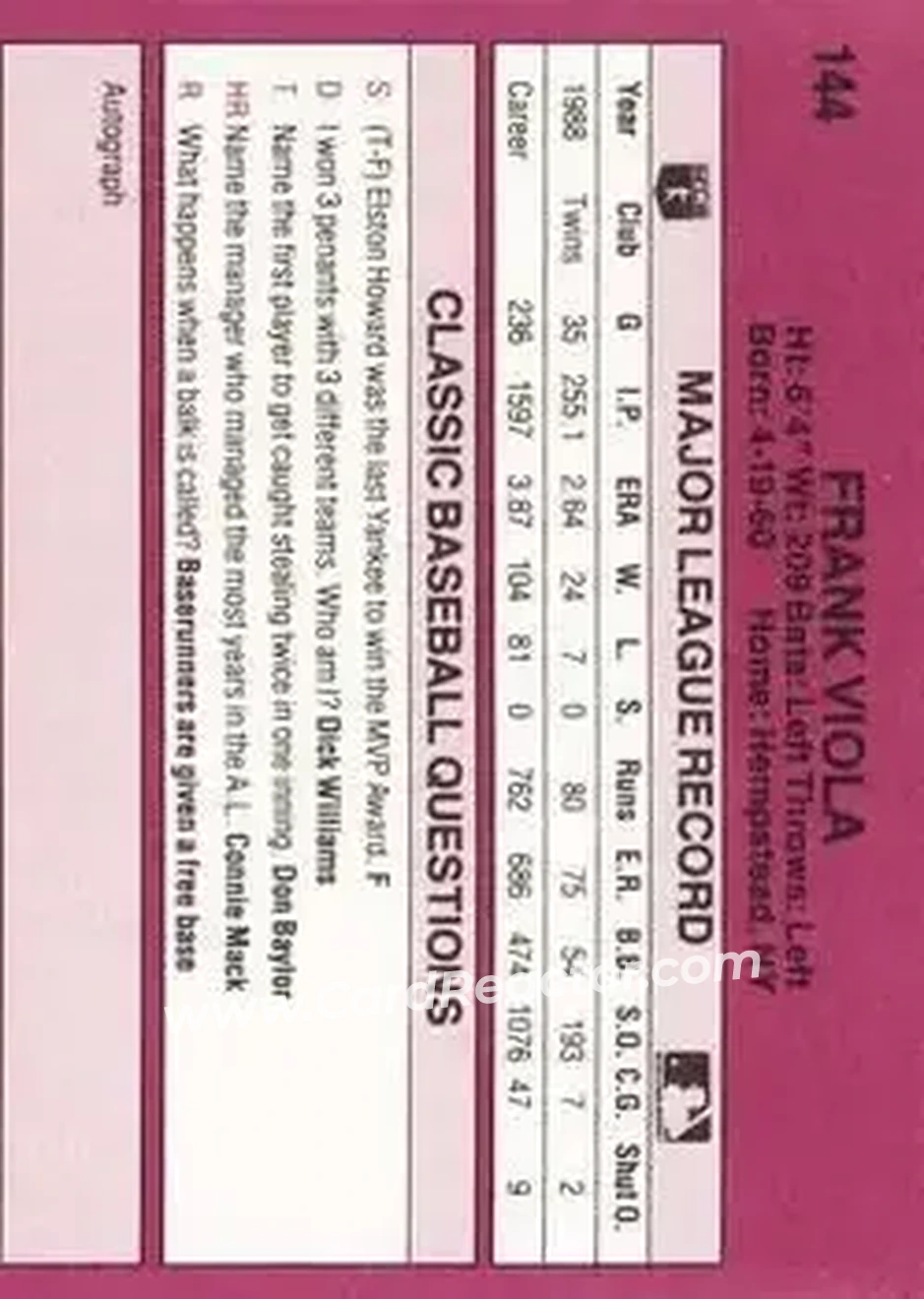 1989 Classic #144 - Frank Viola - Minnesota Twins - Back