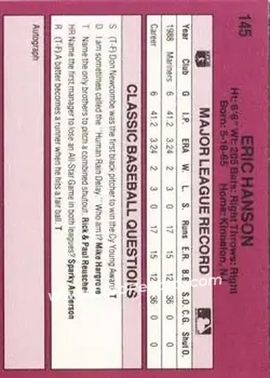 1989 Classic #145 - Erik Hanson - Seattle Mariners - Back 1989 Classic #145 - Erik Hanson - Seattle Mariners - Back