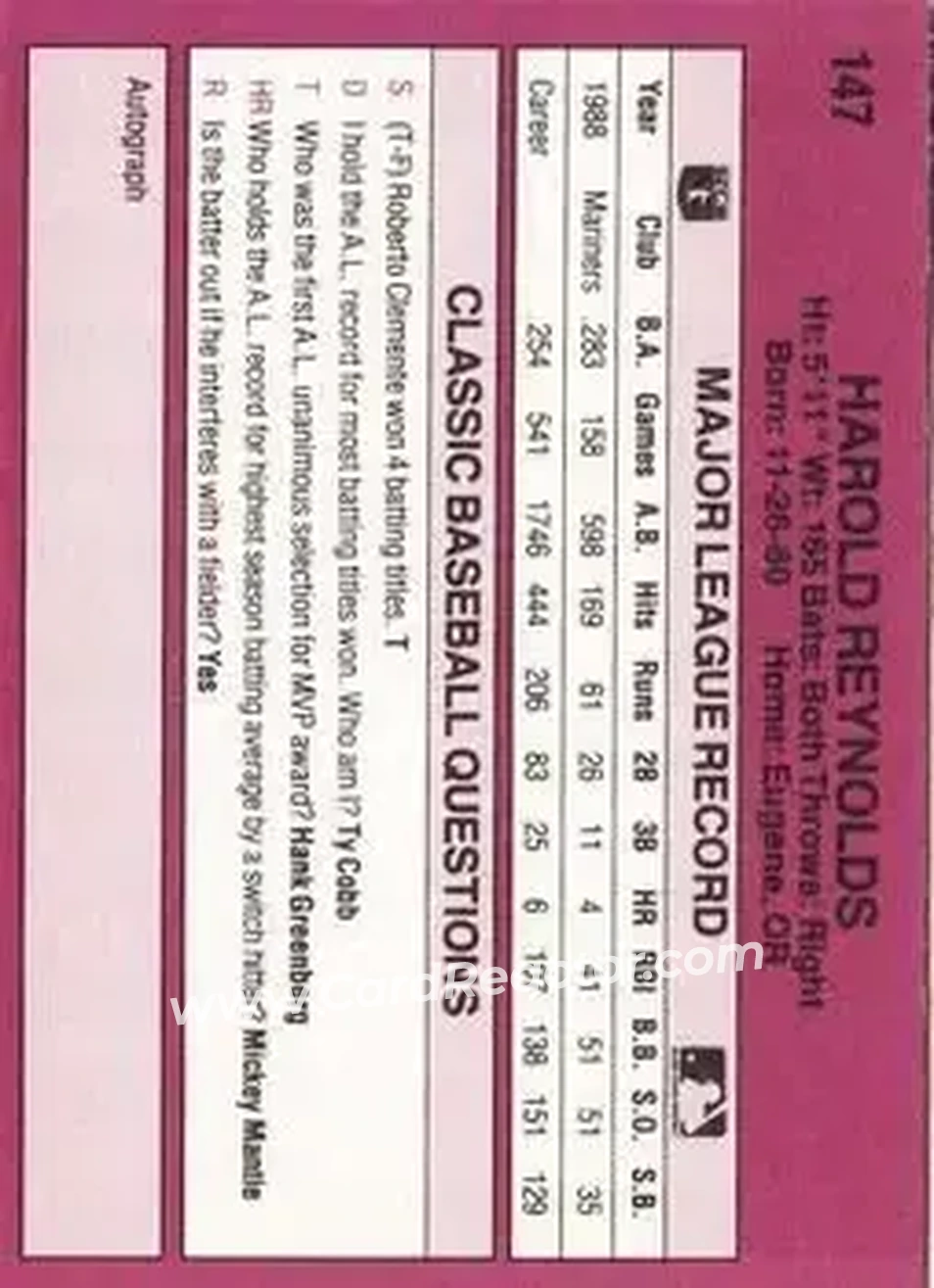 1989 Classic #147 - Harold Reynolds - Seattle Mariners - Back 1989 Classic #147 - Harold Reynolds - Seattle Mariners - Back