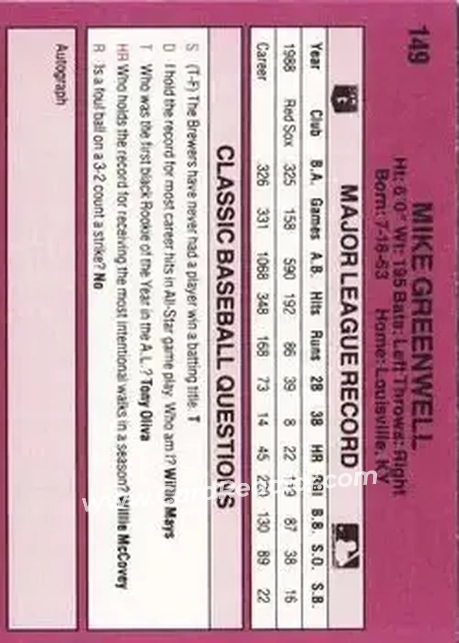 1989 Classic #149 - Mike Greenwell - Boston Red Sox - Back