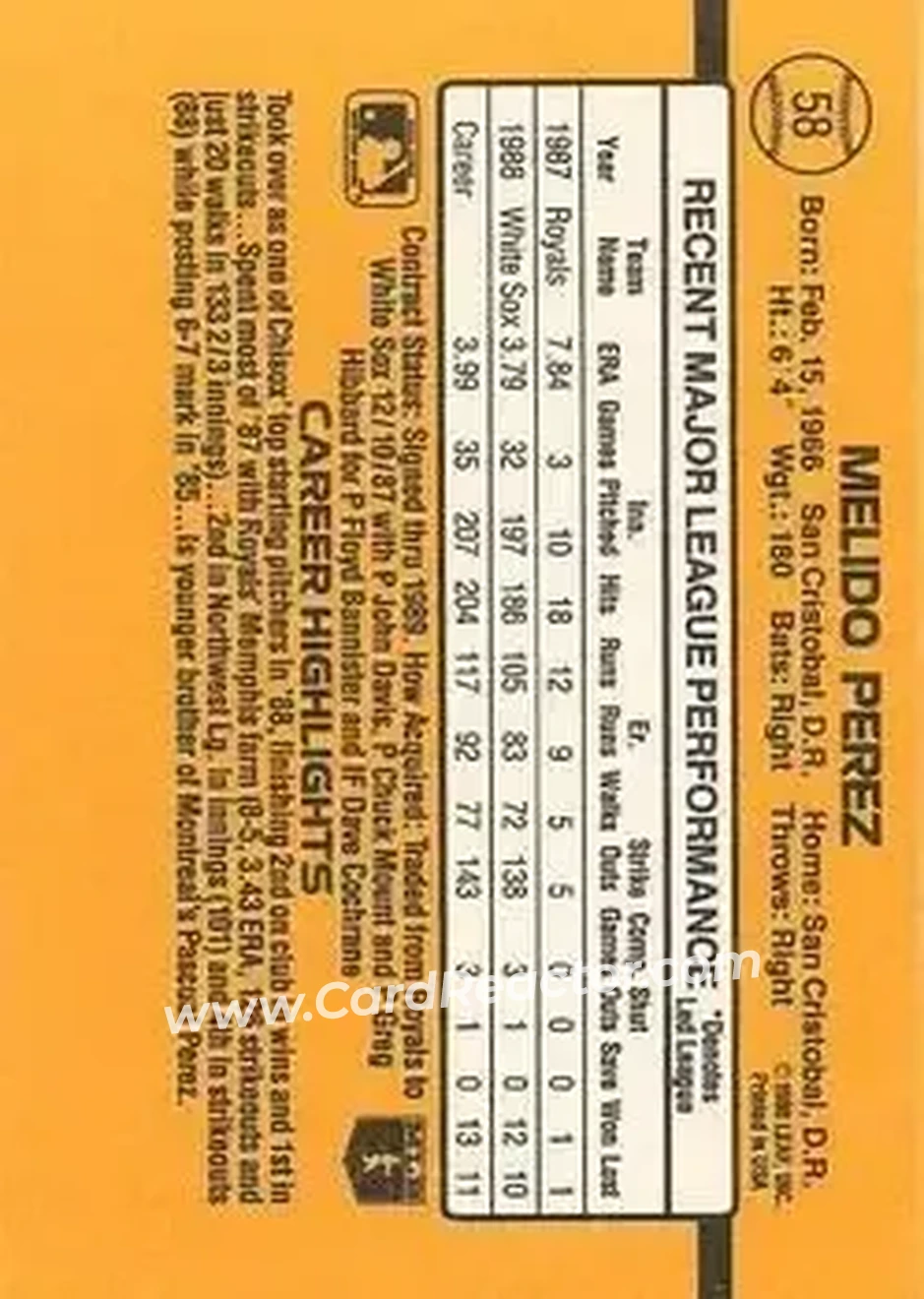 1989 Donruss #58 - Melido Perez - Chicago White Sox - Back 1989 Donruss #58 - Melido Perez - Chicago White Sox - Back