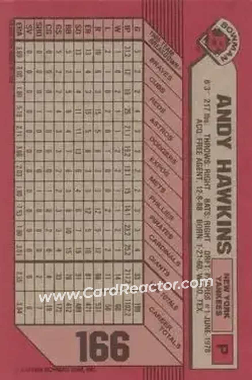 1989 Bowman #166 - Andy Hawkins - New York Yankees - Back 1989 Bowman #166 - Andy Hawkins - New York Yankees - Back