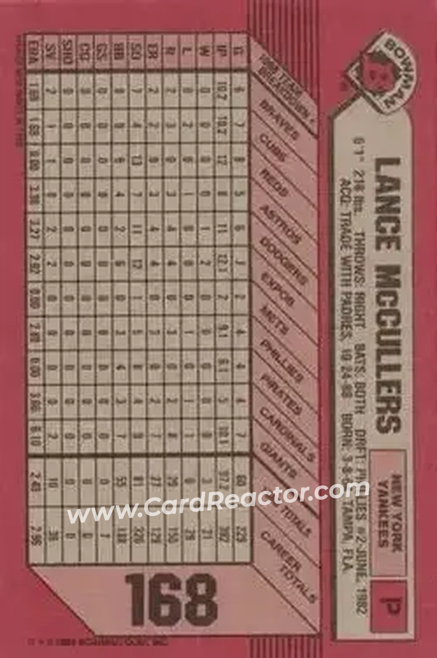1989 Bowman #168 - Lance McCullers - New York Yankees - Back 1989 Bowman #168 - Lance McCullers - New York Yankees - Back