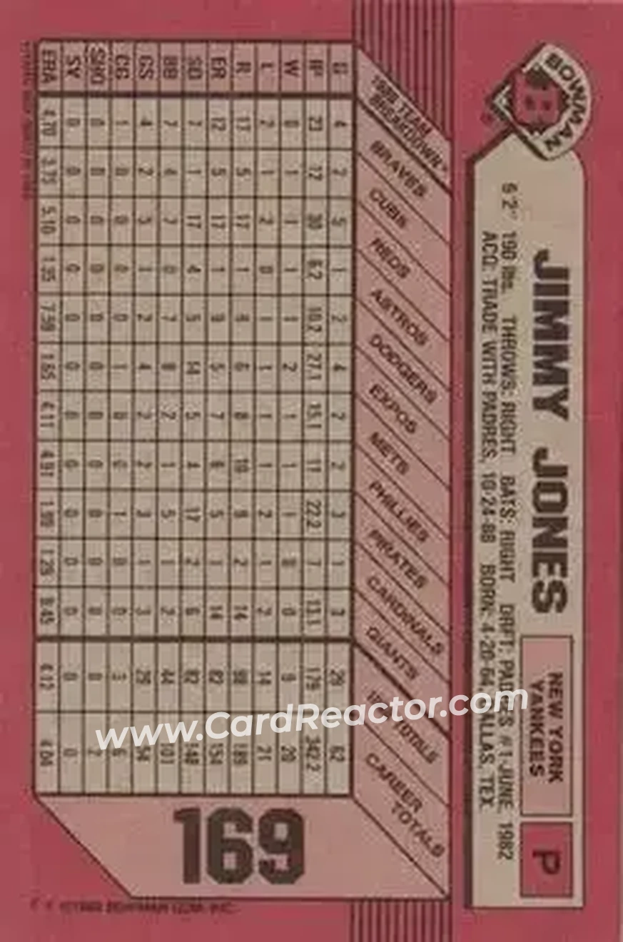 1989 Bowman #169 - Jimmy Jones - New York Yankees - Back 1989 Bowman #169 - Jimmy Jones - New York Yankees - Back