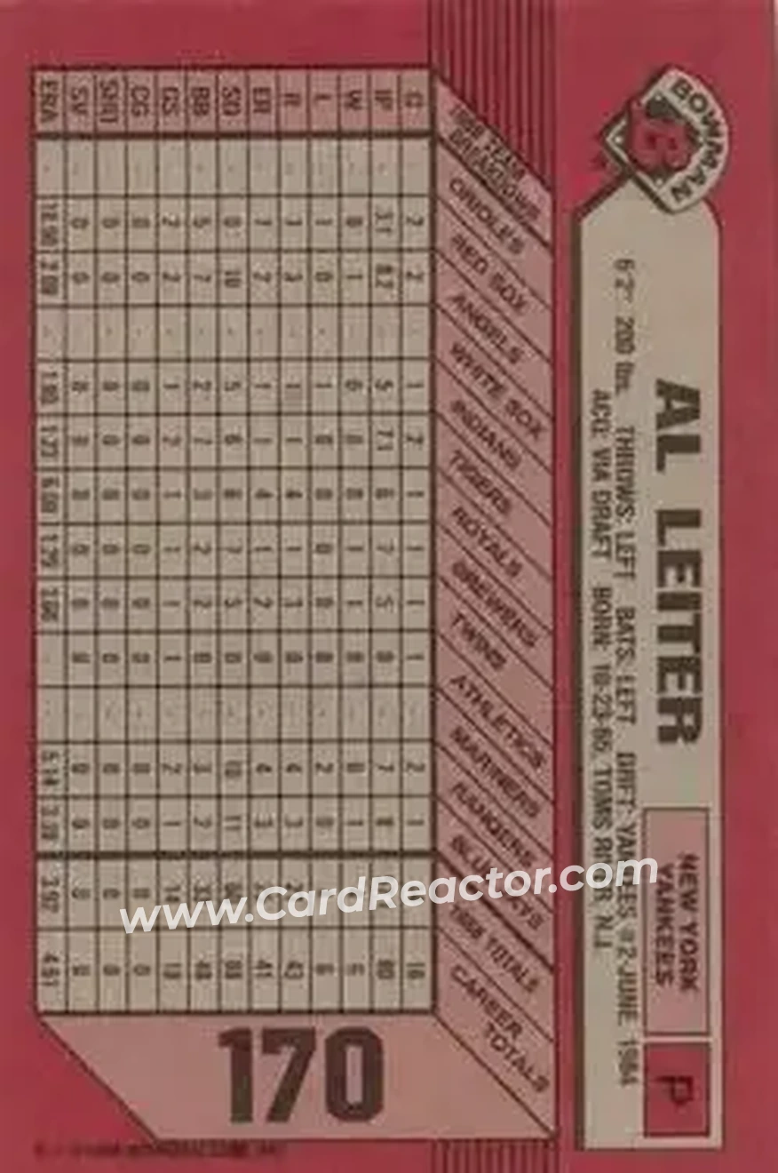 1989 Bowman #170 - Al Leiter - New York Yankees - Back 1989 Bowman #170 - Al Leiter - New York Yankees - Back