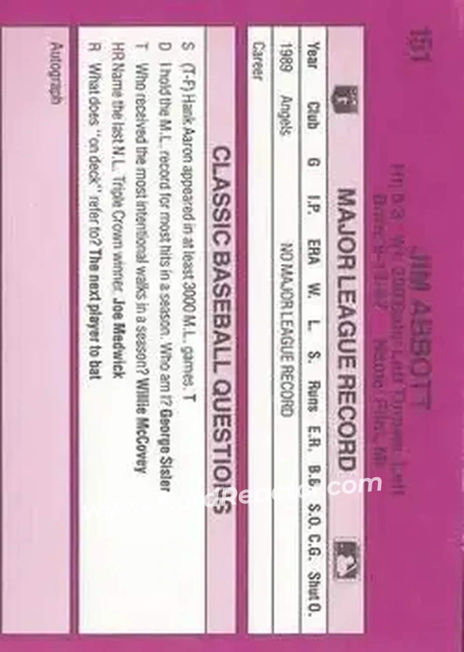 1989 Classic #151 - Jim Abbott - California Angels - Back