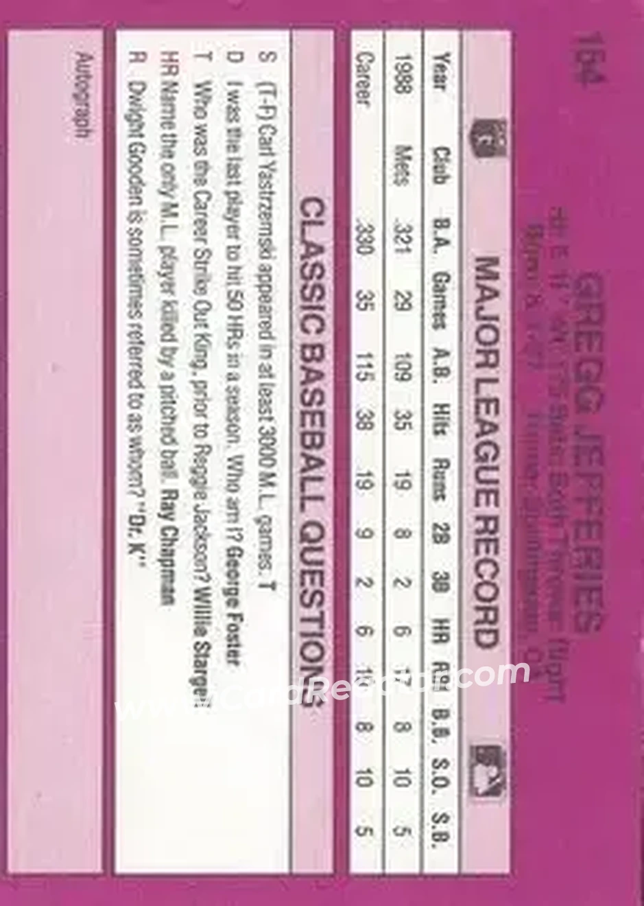1989 Classic #154 - Gregg Jefferies - New York Mets - Back