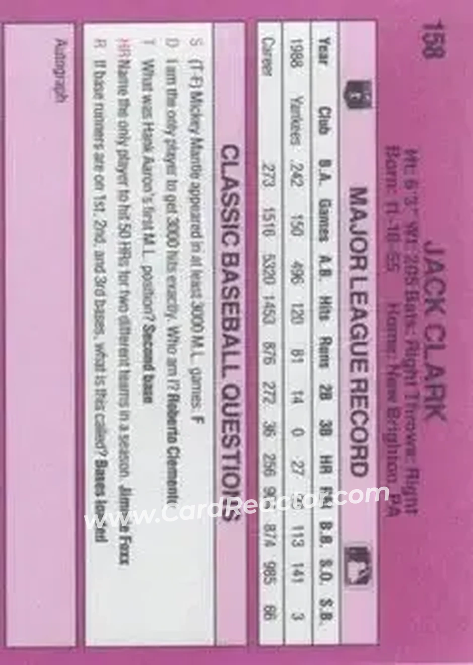 1989 Classic #158 - Jack Clark - San Diego Padres - Back 1989 Classic #158 - Jack Clark - San Diego Padres - Back