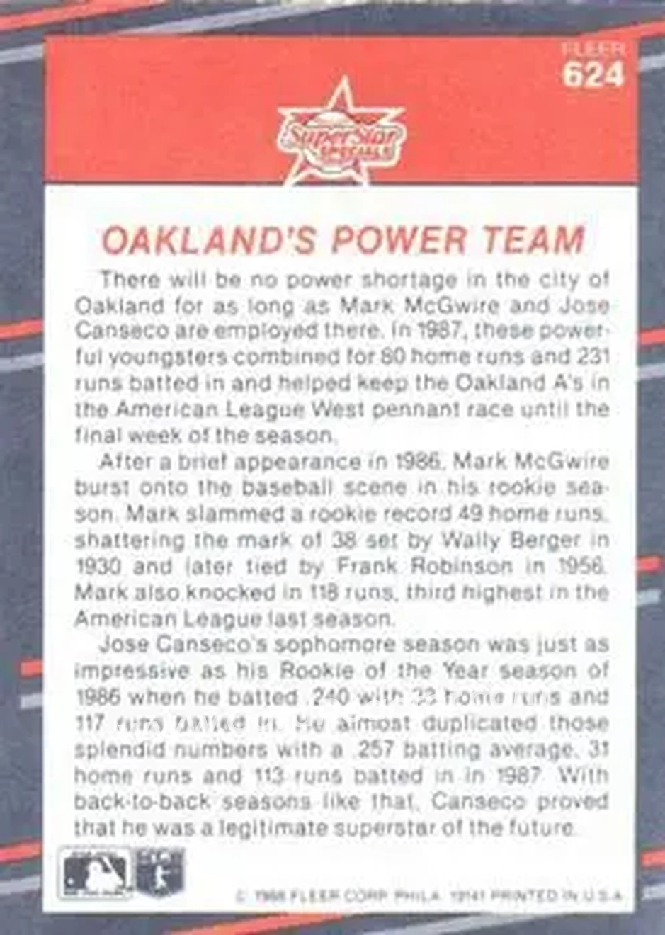 1988 Fleer #624 - Card #624 - Oakland Athletics - Back 1988 Fleer #624 - Card #624 - Oakland Athletics - Back