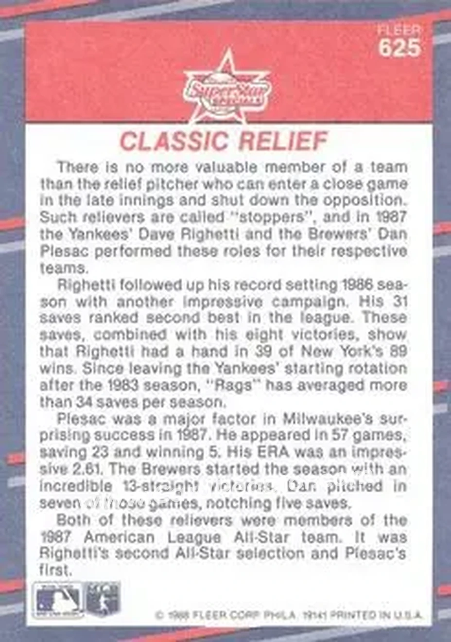 1988 Fleer #625 - Card #625 - Back 1988 Fleer #625 - Card #625 - Back