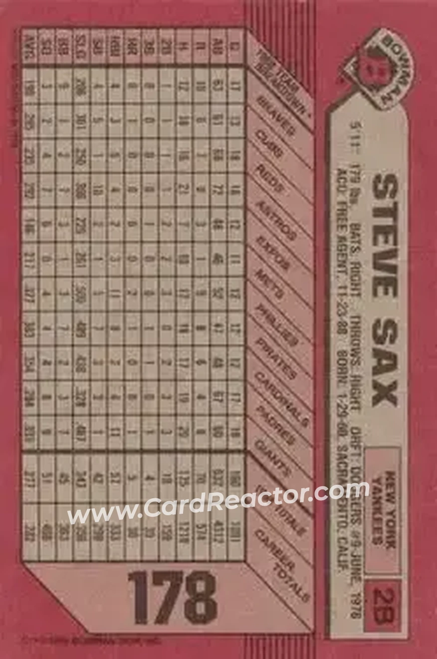 1989 Bowman #178 - Steve Sax - New York Yankees - Back