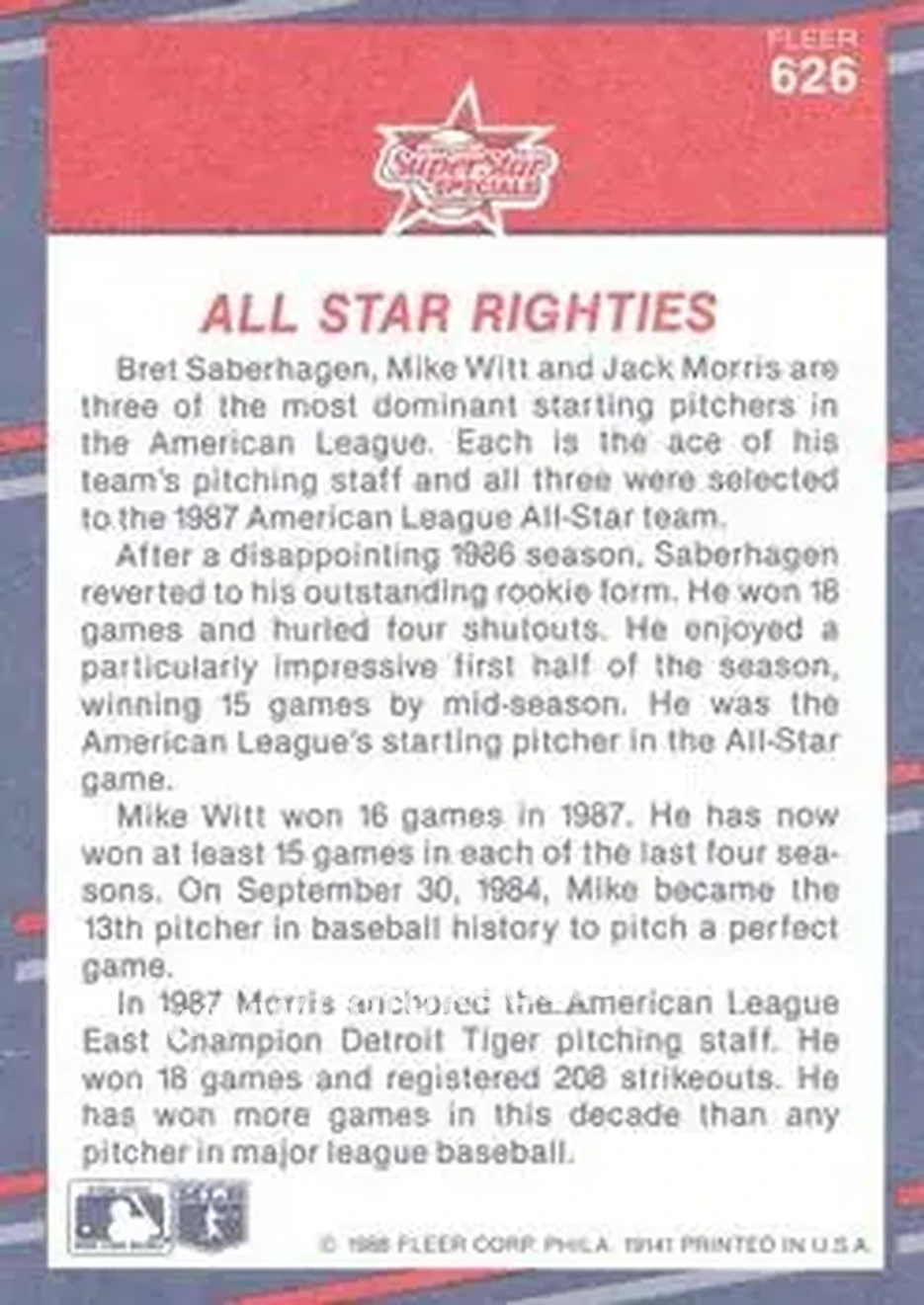 1988 Fleer #626 - Card #626 - Back 1988 Fleer #626 - Card #626 - Back