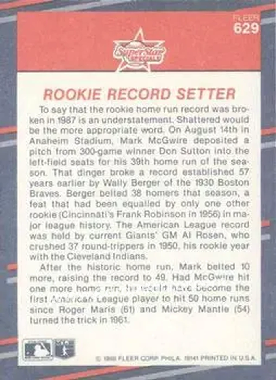1988 Fleer #629 - Card #629 - Oakland Athletics - Back 1988 Fleer #629 - Card #629 - Oakland Athletics - Back