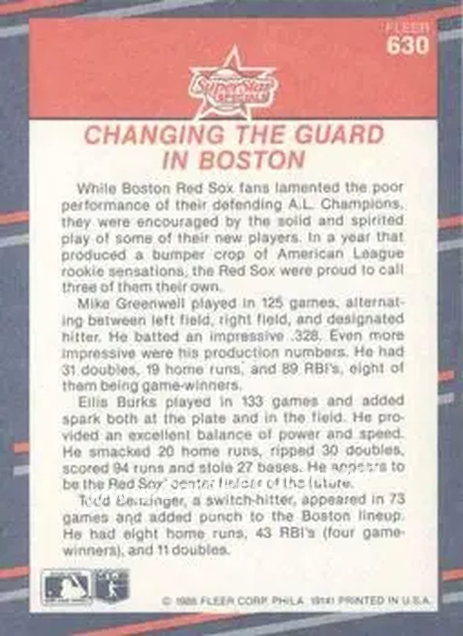 1988 Fleer #630 - Card #630 - Boston Red Sox - Back
