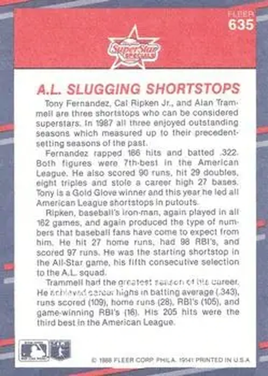 1988 Fleer #635 - Card #635 - Back 1988 Fleer #635 - Card #635 - Back