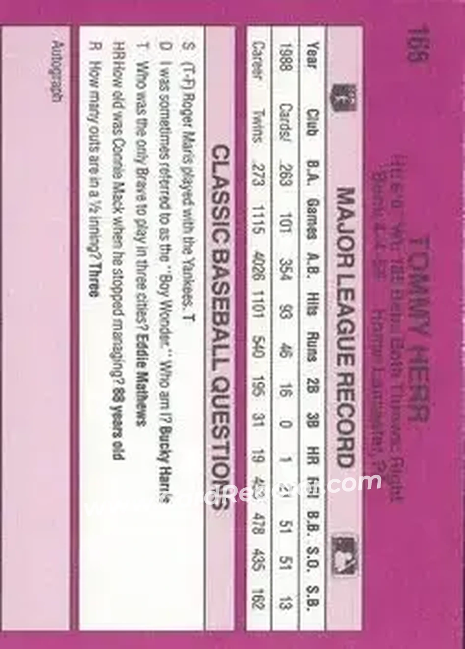 1989 Classic #166 - Tom Herr - Philadelphia Phillies - Back