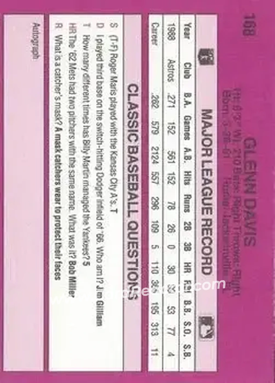 1989 Classic #168 - Glenn Davis - Houston Astros - Back