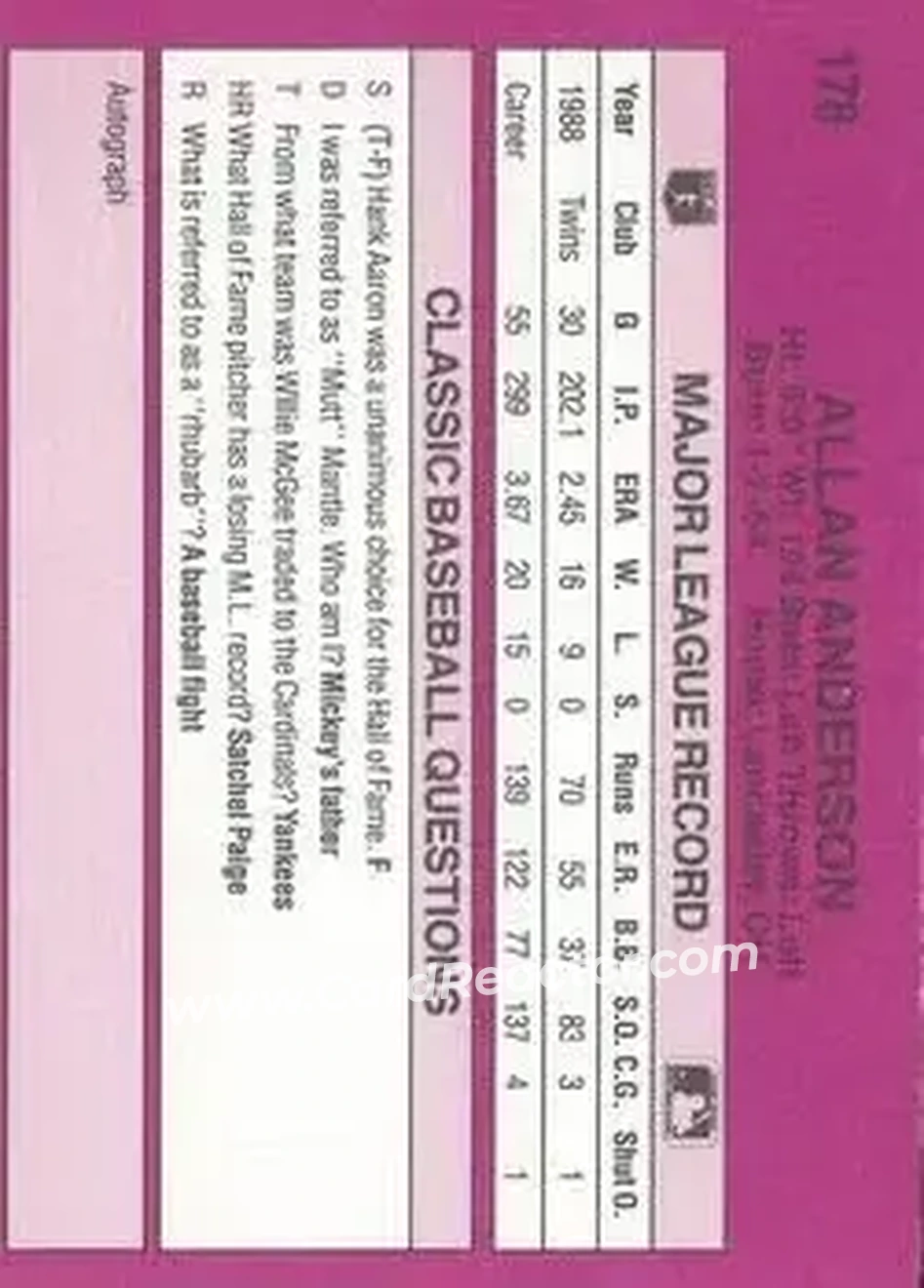 1989 Classic #178 - Allan Anderson - Minnesota Twins - Back