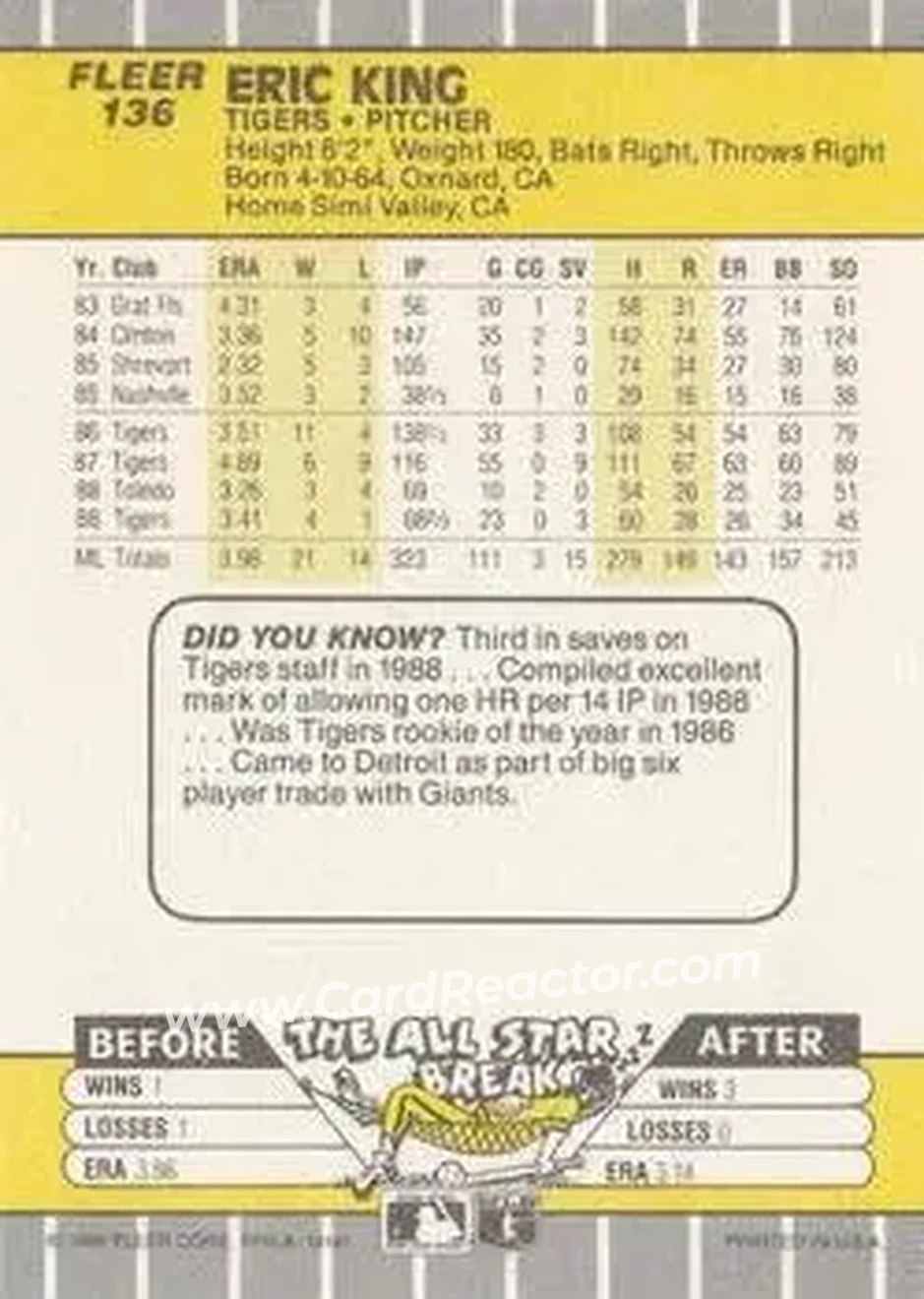 1989 Fleer #136 - Eric King - Detroit Tigers - Back