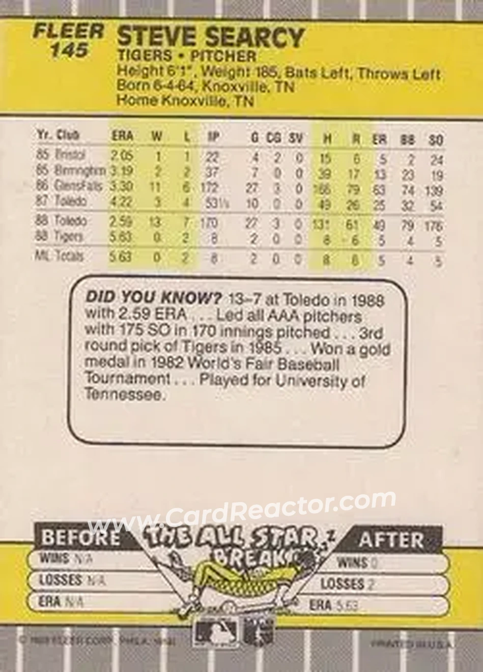 1989 Fleer #145 - Steve Searcy - Detroit Tigers - Back