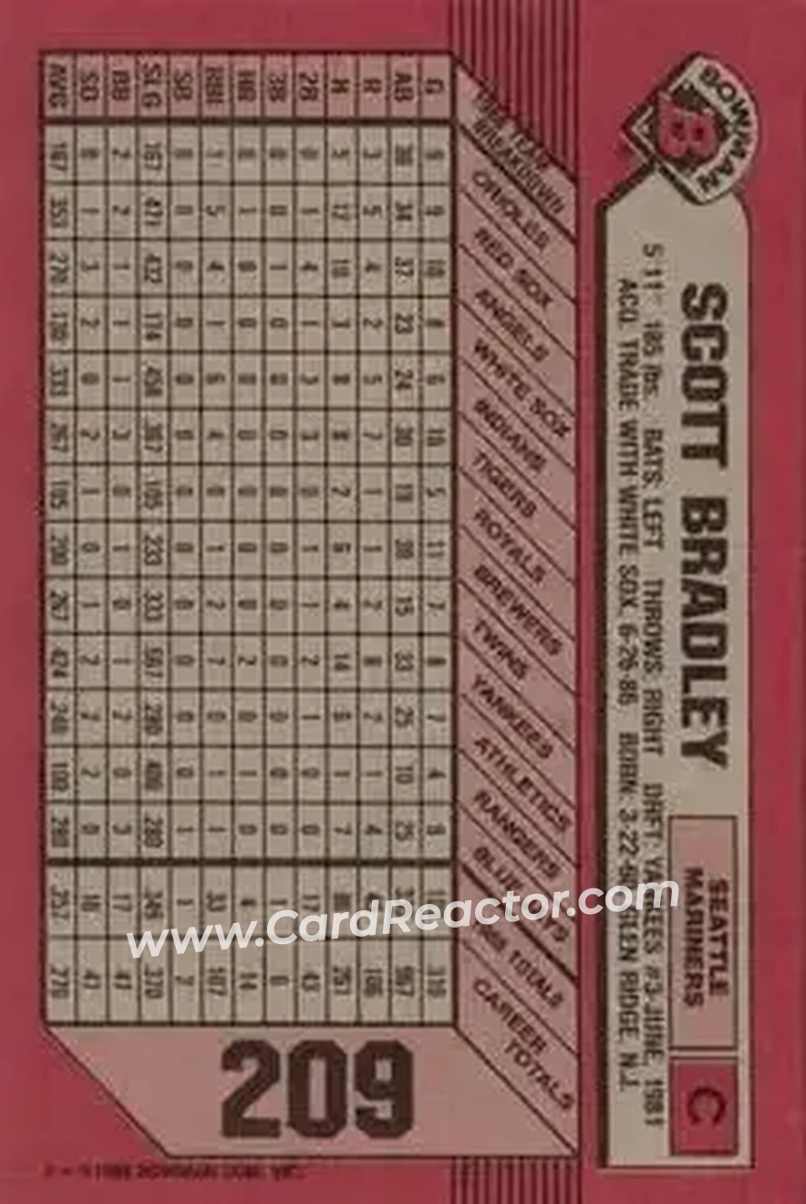 1989 Bowman #209 - Scott Bradley - Seattle Mariners - Back
