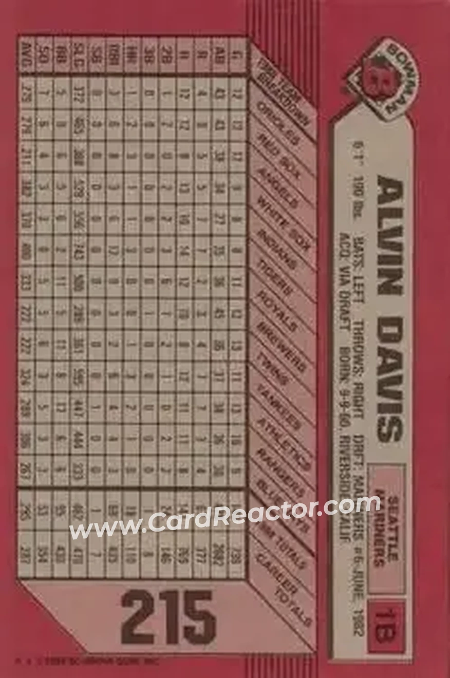 1989 Bowman #215 - Alvin Davis - Seattle Mariners - Back
