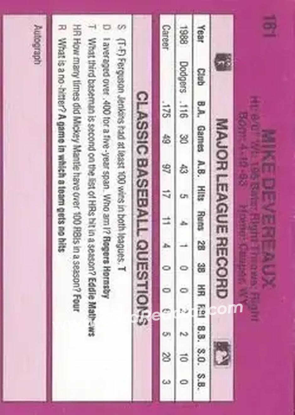 1989 Classic #181 - Mike Devereaux - Baltimore Orioles - Back 1989 Classic #181 - Mike Devereaux - Baltimore Orioles - Back