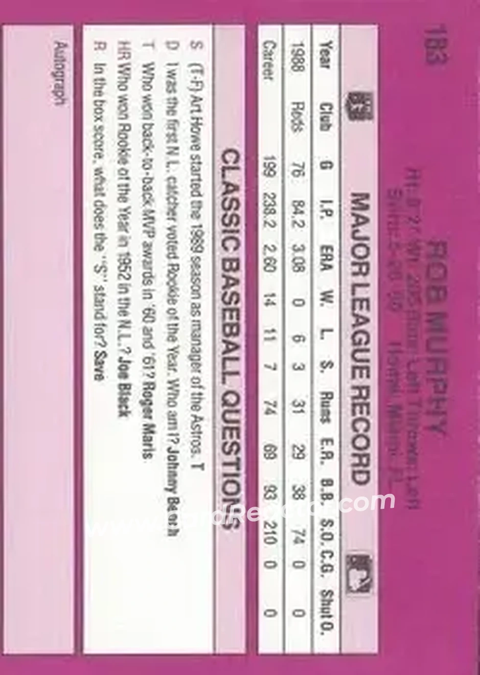 1989 Classic #183 - Rob Murphy - Boston Red Sox - Back 1989 Classic #183 - Rob Murphy - Boston Red Sox - Back