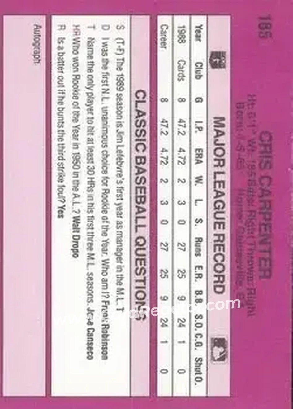 1989 Classic #185 - Cris Carpenter - St. Louis Cardinals - Back