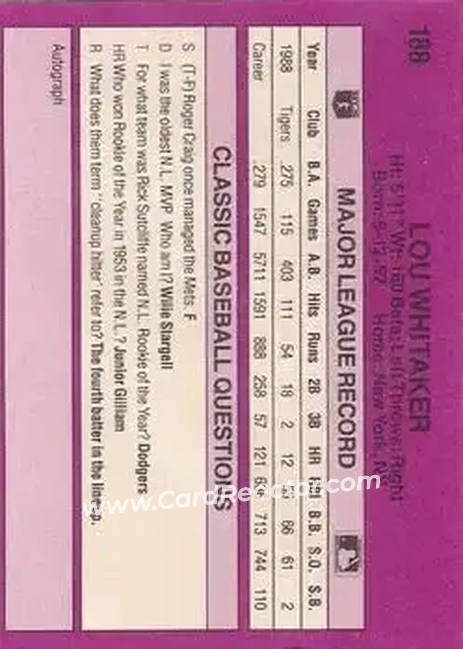 1989 Classic #188 - Lou Whitaker - Detroit Tigers - Back 1989 Classic #188 - Lou Whitaker - Detroit Tigers - Back