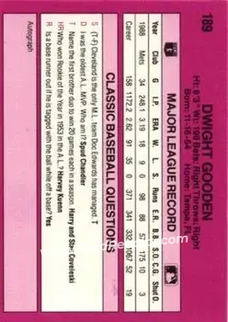 1989 Classic #189 - Dwight Gooden - New York Mets - Back
