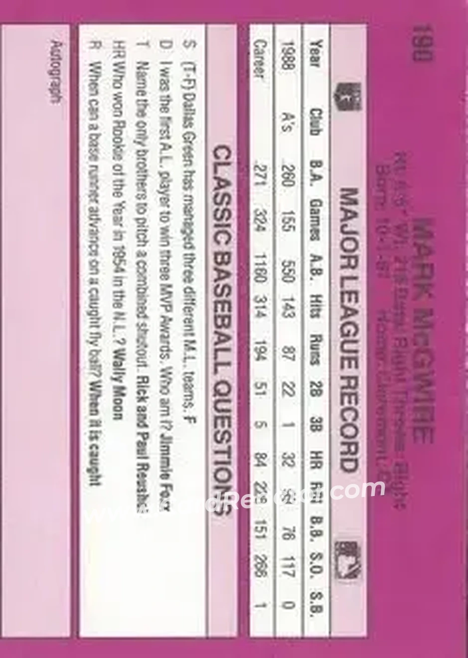 1989 Classic #190 - Mark McGwire - Oakland Athletics - Back 1989 Classic #190 - Mark McGwire - Oakland Athletics - Back
