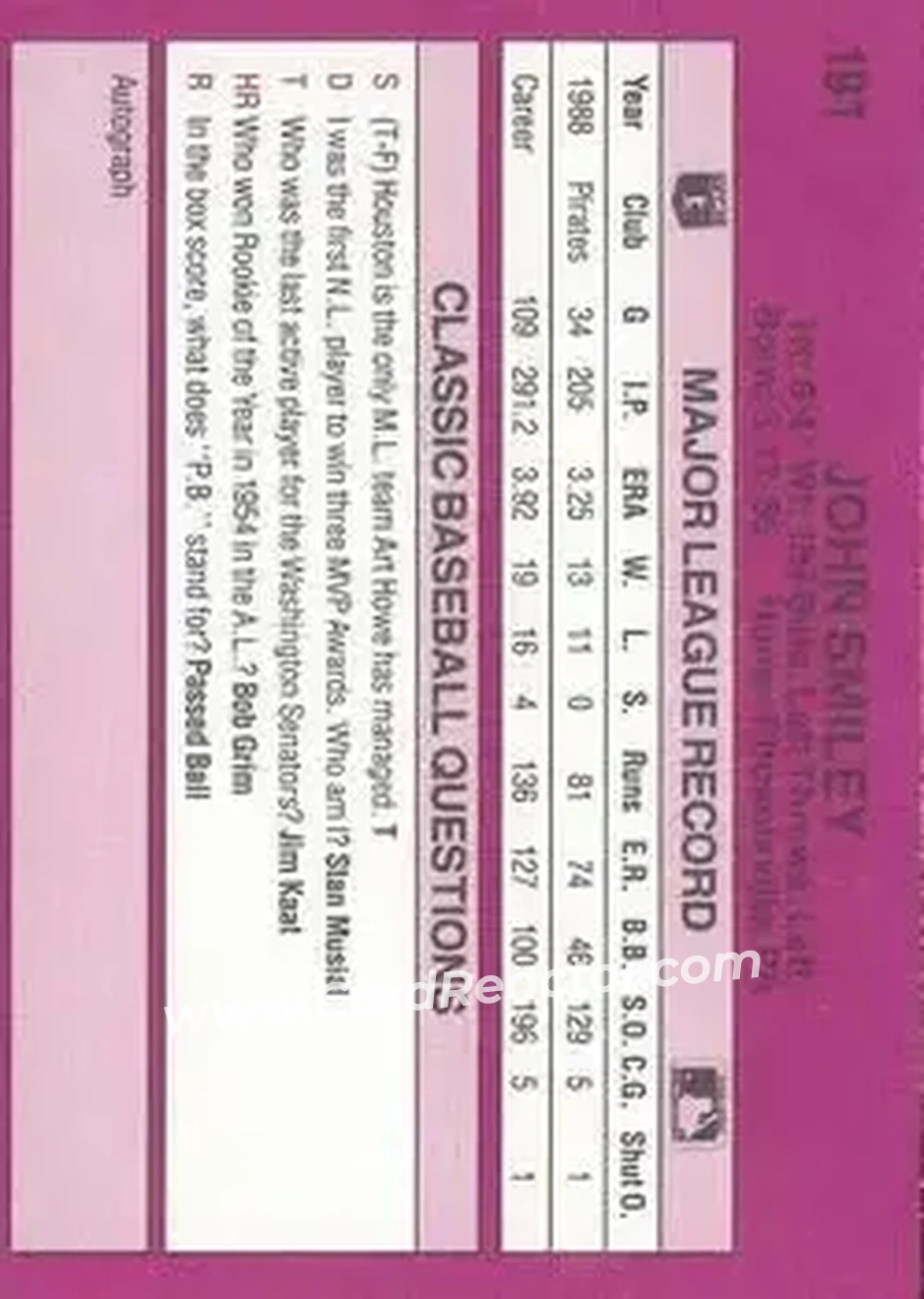 1989 Classic #191 - John Smiley - Pittsburgh Pirates - Back